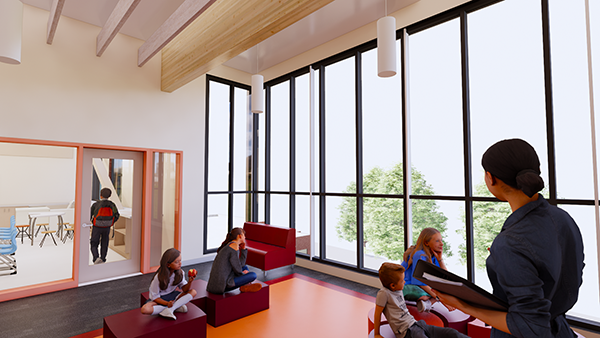 architect drawing of people sitting in front of a wall of windows